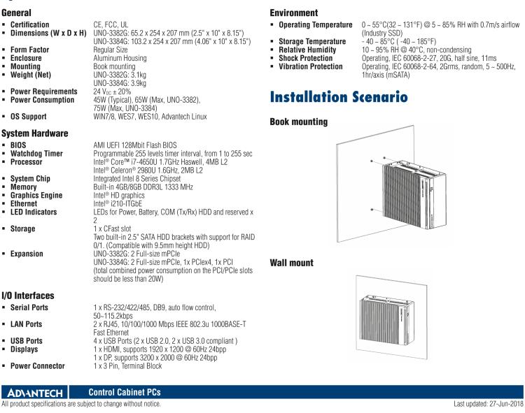 研華UNO-3382G Intel? Core? i7/Celeron控制柜PC，2 x GbE, 2 x mPCIe, HDMI/DP