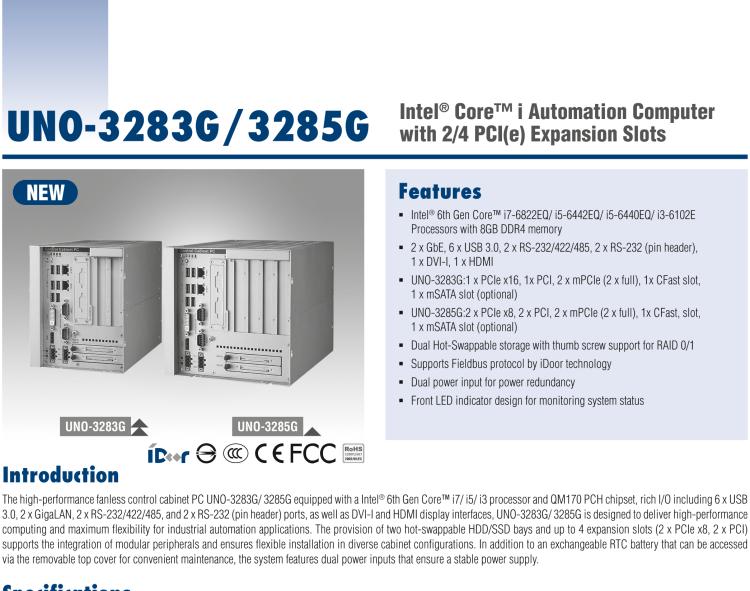 研華UNO-3285G 高效能嵌入式無(wú)風(fēng)扇工業(yè)電腦，搭配Intel? Core? i 處理器，4×PCI(e) 擴(kuò)展槽, 2×GbE, 2×mPCIe, HDMI, DVI-I
