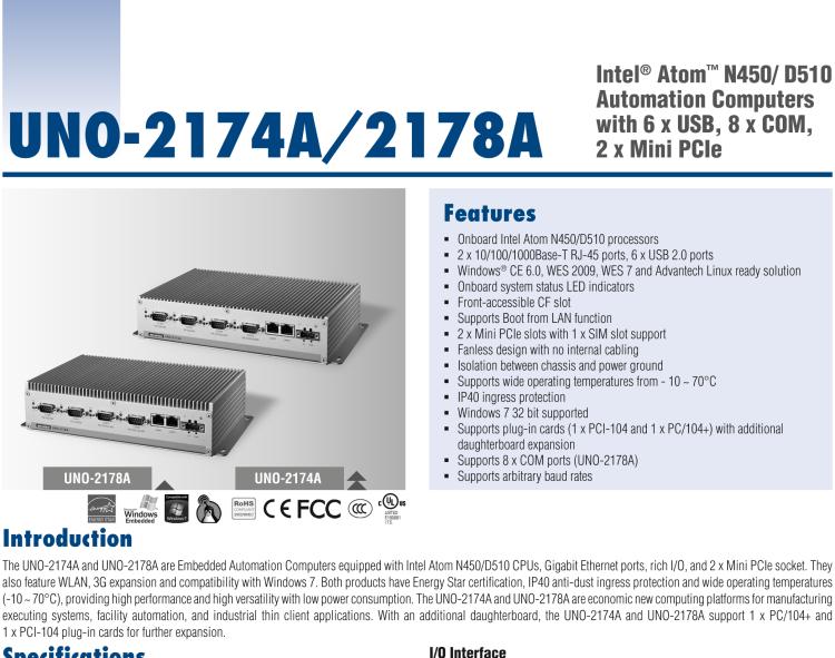 研華UNO-2178A Intel? Atom? D510無風扇嵌入式工業(yè)電腦，6 x USB, 8 x COM, 2 x Mini PCIe