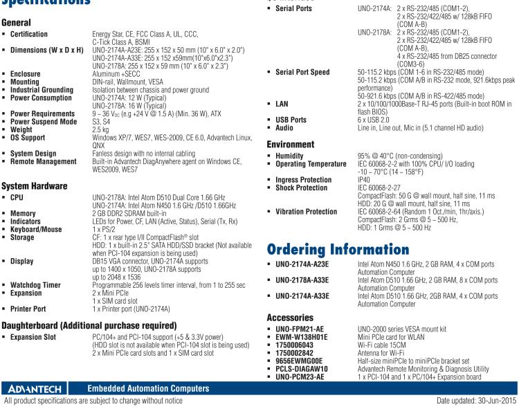 研華UNO-2178A Intel? Atom? D510無風扇嵌入式工業(yè)電腦，6 x USB, 8 x COM, 2 x Mini PCIe