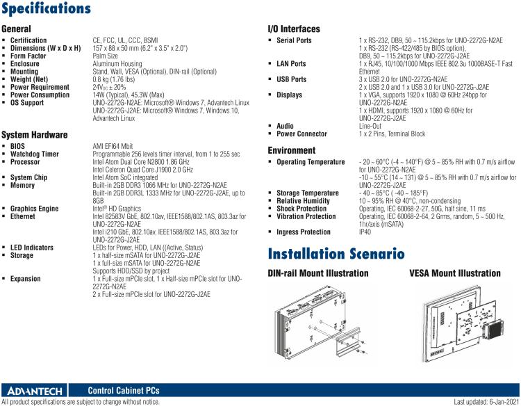 研華UNO-2272G 袖珍型嵌入式工控機(jī)，搭配Intel? Atom?處理器，1 x GbE, 2 x mPCIe, VGA/HDMI