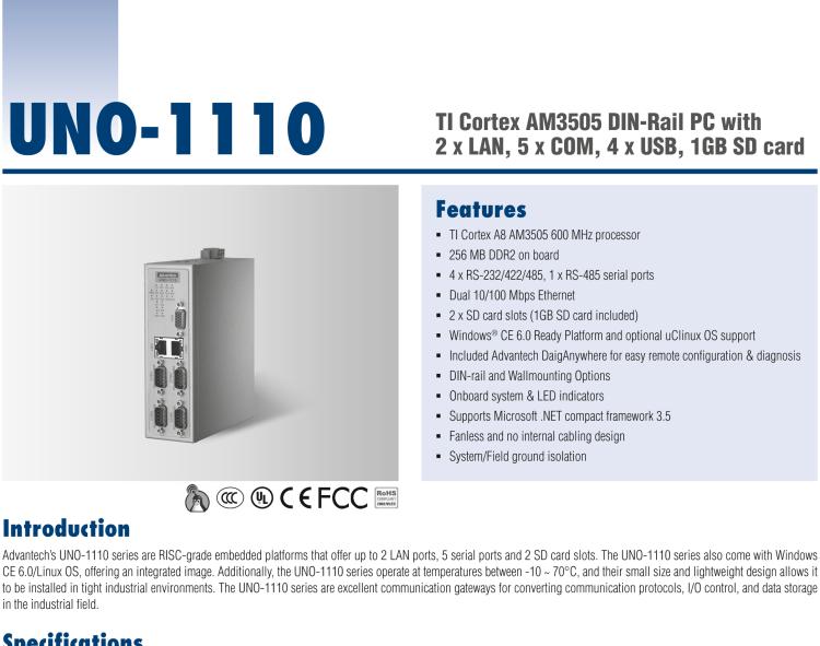 研華UNO-1110 導(dǎo)軌安裝型工業(yè)控制器，搭配TI Coretex AM3505 處理器，2×LAN，5×COM，4×USB，1 GB SD卡