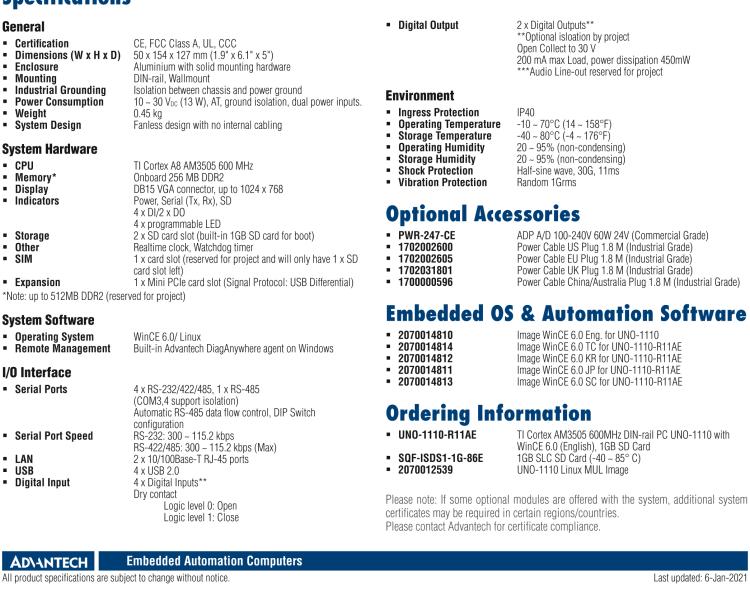 研華UNO-1110 導(dǎo)軌安裝型工業(yè)控制器，搭配TI Coretex AM3505 處理器，2×LAN，5×COM，4×USB，1 GB SD卡