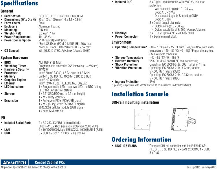 研華UNO-137 DIN導(dǎo)軌控制器，配備Intel?Atom?E3940 CPU、2個LAN、2個COM、3個USB 3.0、1個USB 2.0、2個DP 1.2、8個DI、8個DO、1個M.2、1個mPCIe、TPM 2.0
