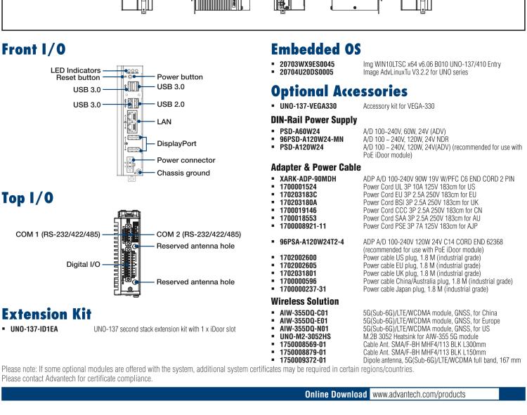 研華UNO-137 DIN導(dǎo)軌控制器，配備Intel?Atom?E3940 CPU、2個LAN、2個COM、3個USB 3.0、1個USB 2.0、2個DP 1.2、8個DI、8個DO、1個M.2、1個mPCIe、TPM 2.0