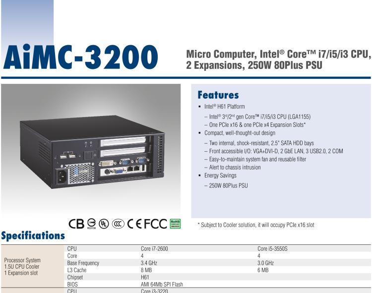 研華AiMC-3200 智能微型工控機，Intel Core i7/i5/i3 CPU,2 擴展槽，250W 80 Plus PSU