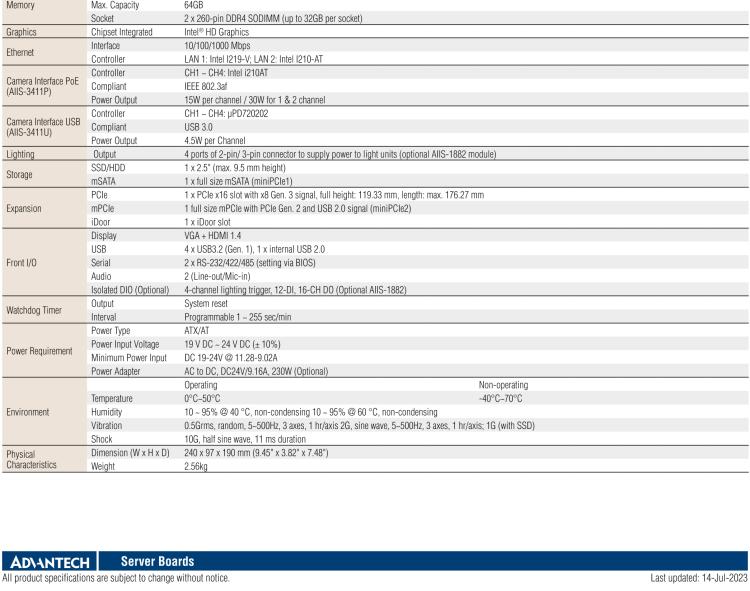研華AIIS-3411 緊湊型視覺系統(tǒng)，支持Intel? 第10代 Core i CPU, 4路攝像頭支持 GigE PoE或 USB 3.0接口, PCIe擴展槽, 支持4路光源和隔離DIO
