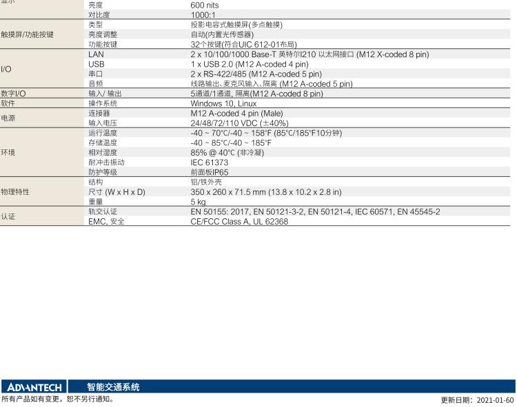 研華ITA-8120 滿足鐵路En50155認證標準，12.1寸可觸屏式平板電腦，支持英特爾?凌動x7-E3950處理器