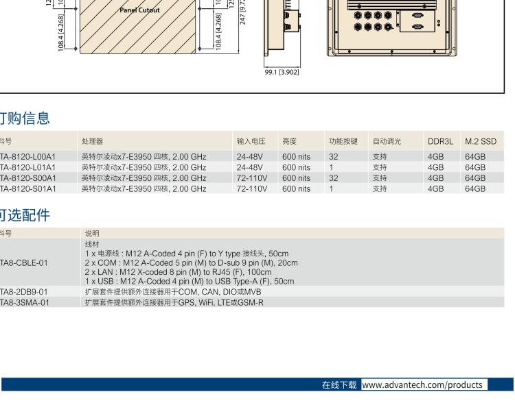 研華ITA-8120 滿足鐵路En50155認證標準，12.1寸可觸屏式平板電腦，支持英特爾?凌動x7-E3950處理器