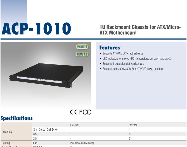 研華ACP-1010 1U 上架式機(jī)箱，用于全長(zhǎng)卡或 ATX/ MicroATX 母板，配有雙SAS/ SATA硬盤托架