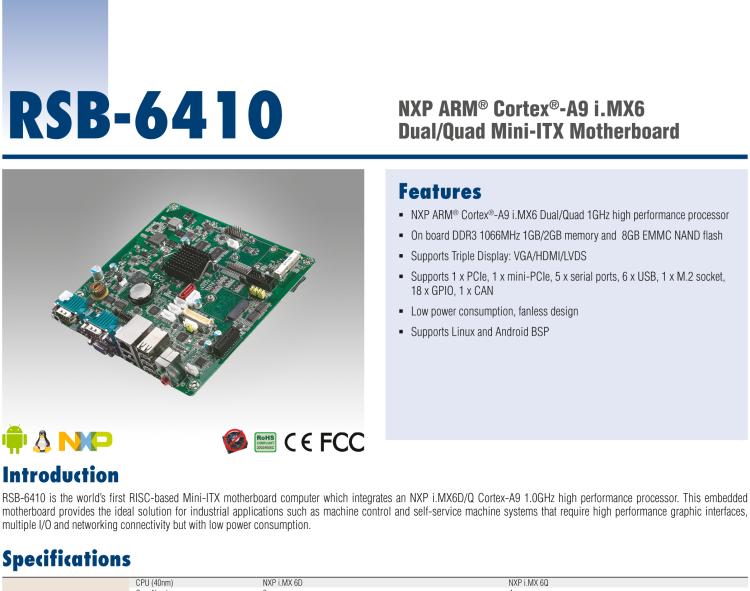 研華RSB-6410 基于NXP ARM Cortex-A9 i.MX6 Dual/Quad 的Mini-ITX工業(yè)主板， 支持Linux Yocto/Android