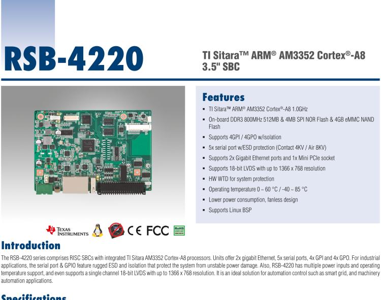 研華RSB-4220 基于TI AM3352 Cortex-A8 的3.5寸單板，寬溫、低功耗、無風扇設計