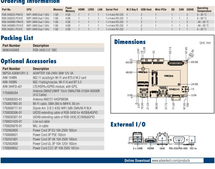 研華RSB-3430 基于NXP Arm Cortex-A9 i.MX6平臺,精簡功能的2.5寸緊湊型單板電腦。搭配UIO20/40可快速擴展各種外設接口