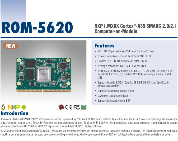 研華ROM-5620 基于NXP i.MX8X SMARC2.0 Arm核心板，多接口，低功耗設(shè)計