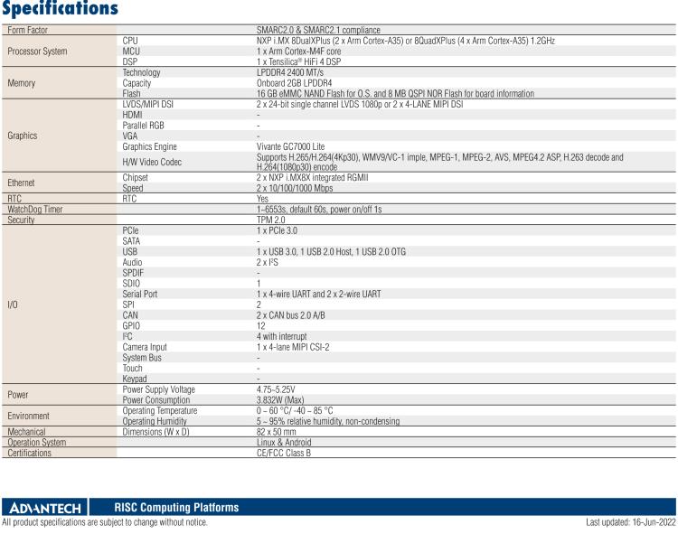 研華ROM-5620 基于NXP i.MX8X SMARC2.0 Arm核心板，多接口，低功耗設(shè)計