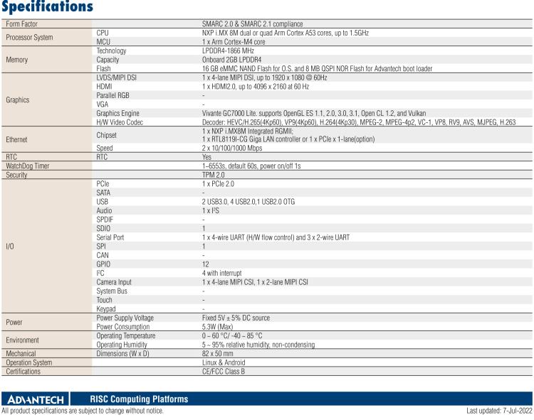 研華ROM-5720 基于NXP i.MX8M SMARC2.0 Arm核心板 ,支持4K顯示，豐富的I/O接口