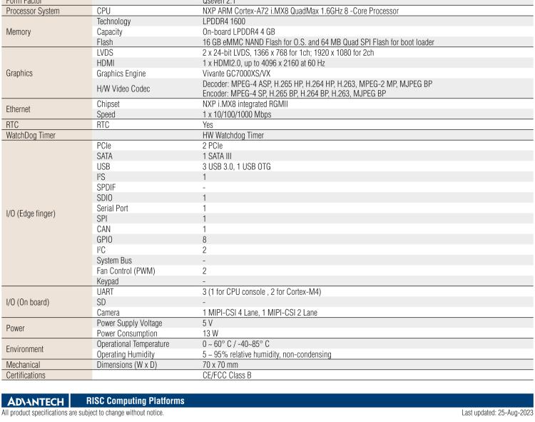 研華ROM-7720 基于NXP i.MX 8QM Qseven Arm核心模塊，多核異構(gòu)，具備優(yōu)異的計算及圖形顯示性能