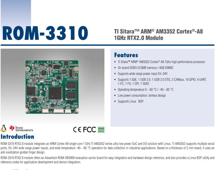 研華ROM-3310 基于TI AM3352 Cortex A8 1GHz RTX 2.0 的標(biāo)準(zhǔn)核心板，適用于寬溫抗震等工業(yè)自動化領(lǐng)域