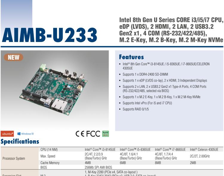 研華AIMB-U233 板載Intel 第8代 U系列 Core i3/i5/i7 處理器。低功耗高性能，無(wú)風(fēng)扇設(shè)計(jì)。