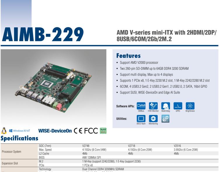 研華AIMB-229 板載AMD V2000系列8核/16線程CPU。視頻圖像處理性能強(qiáng)勁，接口豐富，超薄緊湊設(shè)計(jì)。
