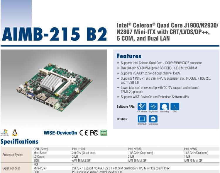 研華AIMB-215 板載Intel? 第4代 賽揚(yáng)處理器。豐富的擴(kuò)展，無風(fēng)扇設(shè)計(jì)，支持寬溫寬壓。