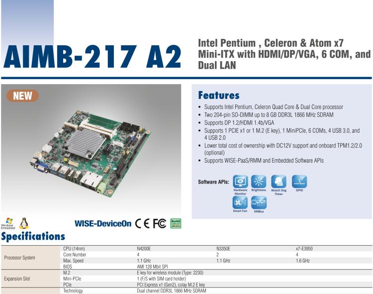 研華AIMB-217 板載Intel? 第6代 奔騰、賽揚(yáng)、凌動系列處理器。擁有多COM和雙千兆網(wǎng)口，超薄緊湊，無風(fēng)扇設(shè)計(jì)，支持寬溫。
