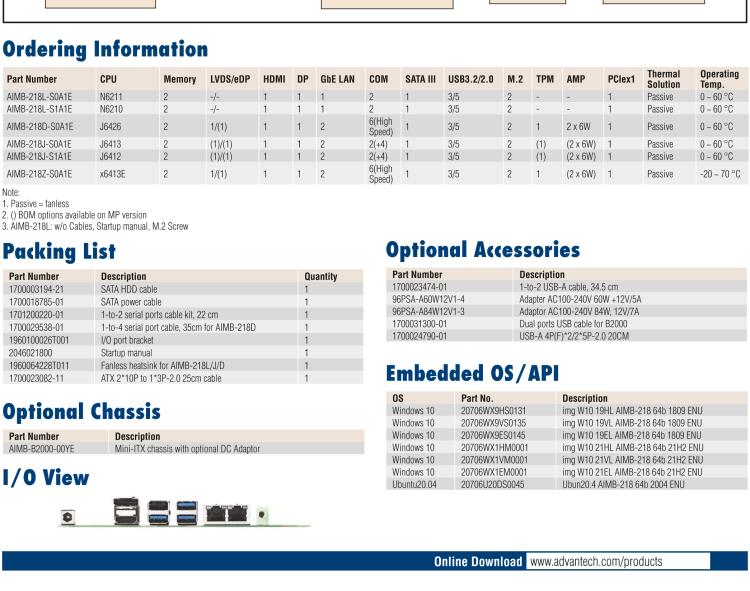 研華AIMB-218 板載Intel? 第8代 奔騰/賽揚(yáng)/凌動系列處理器。支持獨(dú)立三顯，超薄緊湊，無風(fēng)扇設(shè)計(jì)，支持寬溫。