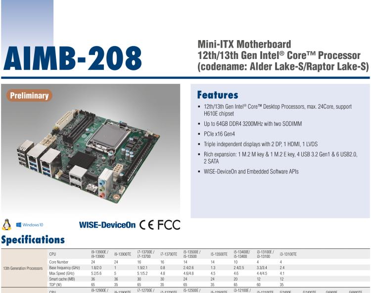 研華AIMB-208 適配Intel 第12/13代 Core i/奔騰系列處理器，搭載H110芯片組。高性價(jià)比，擁有豐富的擴(kuò)展接口，通用性強(qiáng)，穩(wěn)定可靠。