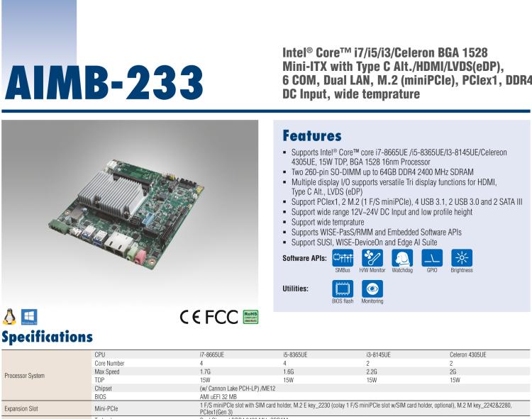 研華AIMB-233 板載Intel? 第8代 Core i 處理器。擁有Type C接口，滿足各類擴展需求。低功耗，超薄緊湊，無風扇設(shè)計，支持寬溫寬壓，性能強勁。