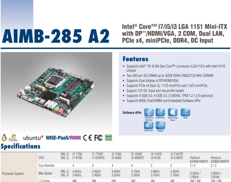 研華AIMB-285 適配Intel? 第6/7代 Core? i 處理器，搭載H110芯片組。超薄緊湊，是理想的高性?xún)r(jià)比解決方案。