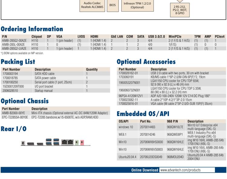 研華AIMB-285 適配Intel? 第6/7代 Core? i 處理器，搭載H110芯片組。超薄緊湊，是理想的高性?xún)r(jià)比解決方案。