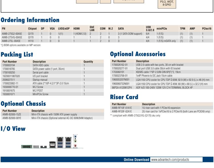 研華AIMB-275 適配Intel? 第6/7代 Core? i 處理器，搭載Intel Q170/H110芯片組。性能強(qiáng)勁，接口豐富。