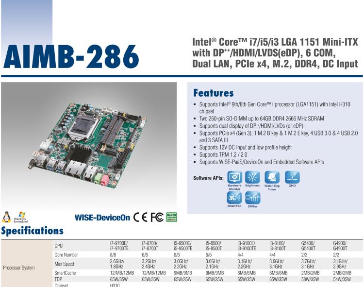 研華AIMB-286 Intel? 第8/9代 Core? i 系列處理器，搭載Intel H310芯片組。超薄設(shè)計(jì)，結(jié)構(gòu)緊湊。