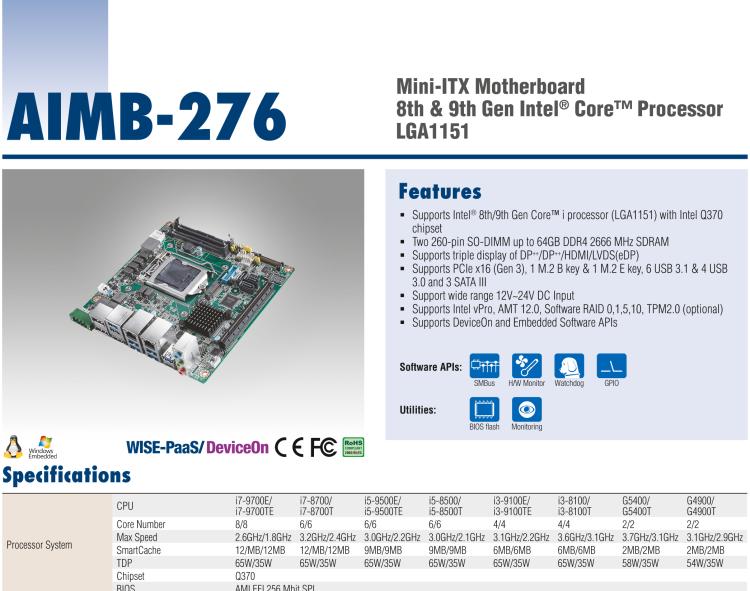 研華AIMB-276 適配Intel 第8/9代 Core?i7/i5/i3 處理器，搭載Q370芯片組。超高性能，是邊緣計(jì)算、AI視頻檢測(cè)等理想解決方案。