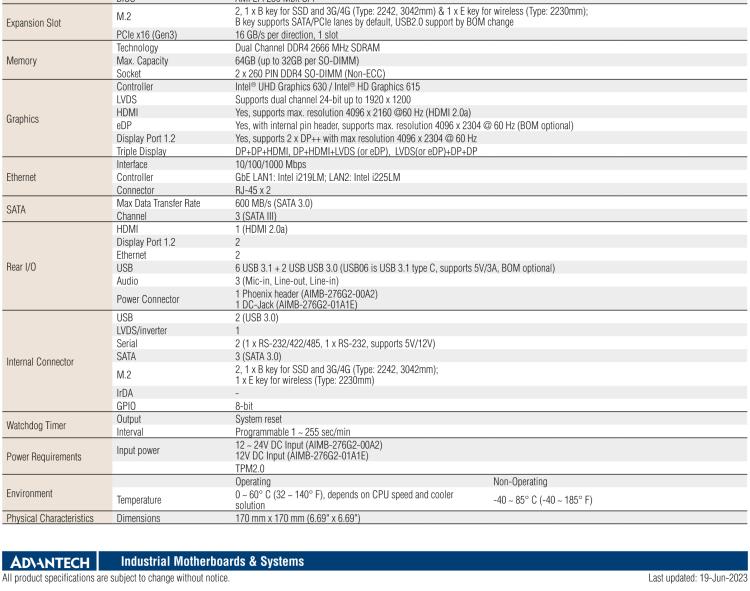 研華AIMB-276 適配Intel 第8/9代 Core?i7/i5/i3 處理器，搭載Q370芯片組。超高性能，是邊緣計(jì)算、AI視頻檢測(cè)等理想解決方案。