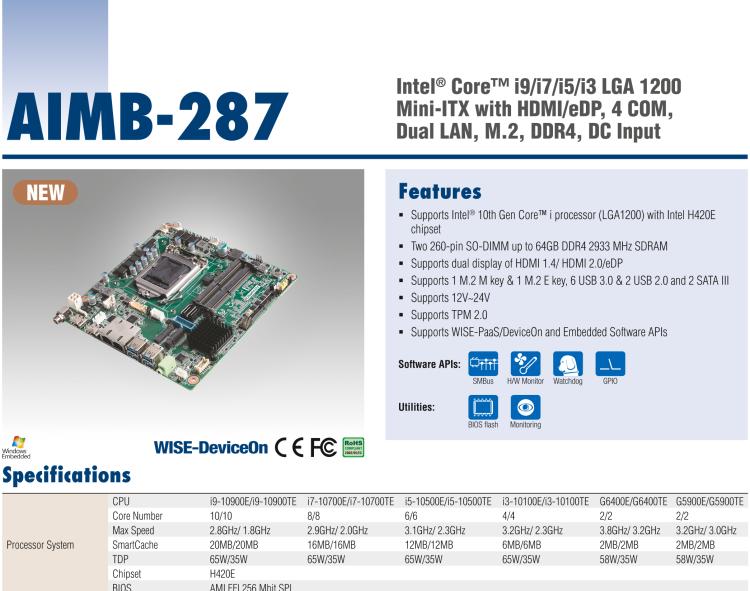 研華AIMB-287 適配Intel? 第10代 Core? i 系列處理器，搭載H420E芯片組。超薄設(shè)計(jì)，性能強(qiáng)勁。