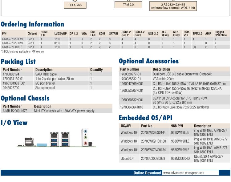 研華AIMB-277 適配Intel? 第10代 Core? i 系列處理器，搭載Q470E芯片組。性能強(qiáng)勁，適用于高端應(yīng)用領(lǐng)域。