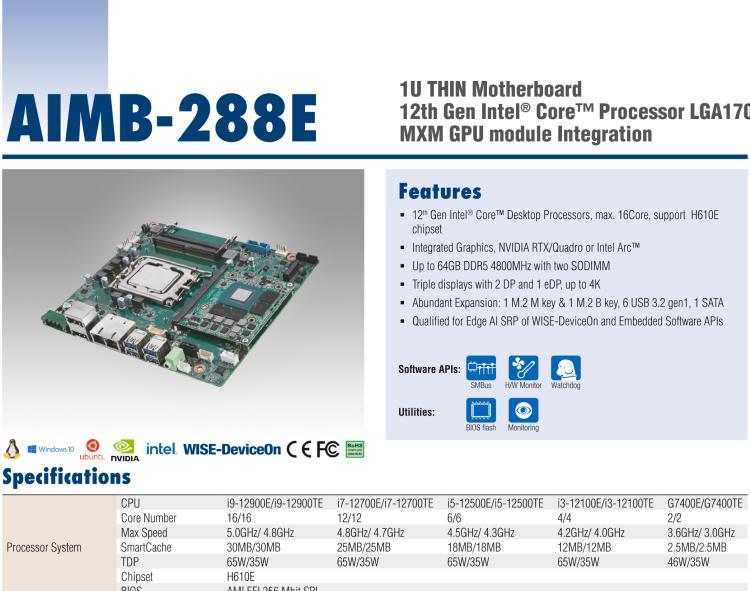 研華AIMB-288E 板載Intel 第12代 Core i 桌面級CPU。橫向顯卡插槽，搭配NVIDIA Quadro T1000 MXM顯卡。超薄散熱設計，高性能選擇方案。