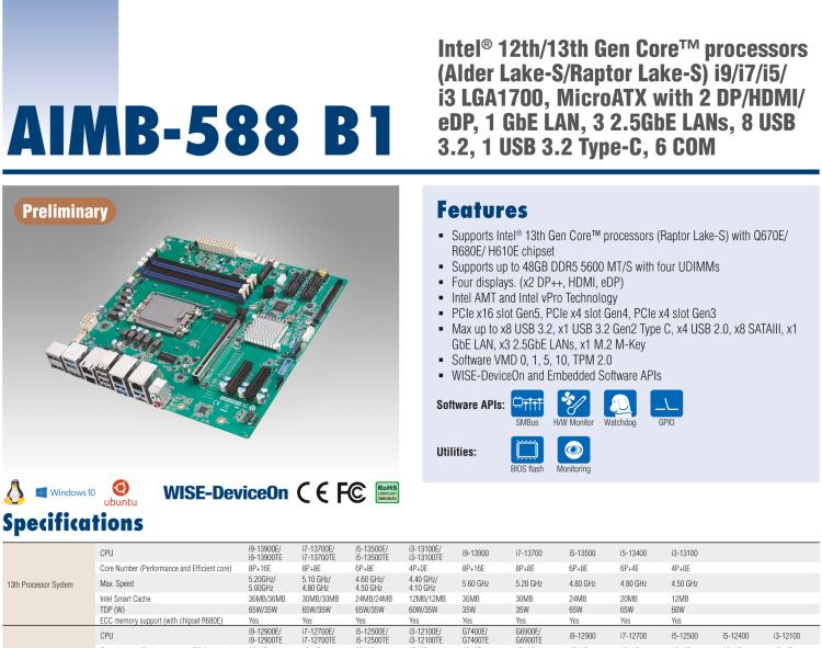 研華AIMB-588B1 適配Intel 第12/13代 Core i/奔騰系列處理器，搭載Q670E/R680E/H610E芯片組。性能可達(dá)服務(wù)器級(jí)別，獨(dú)立四顯，具備專業(yè)的圖像處理能力，是理想的行業(yè)解決方案。