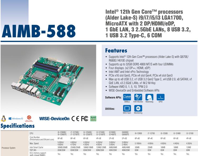 研華AIMB-588 適配Intel 第12代 Core i 系列處理器，搭載Q670E/ R680E/ H610E芯片組。高性能可達(dá)服務(wù)器級別高端產(chǎn)品，獨(dú)立四顯，專業(yè)的圖像處理能力，是理想的行業(yè)解決方案。