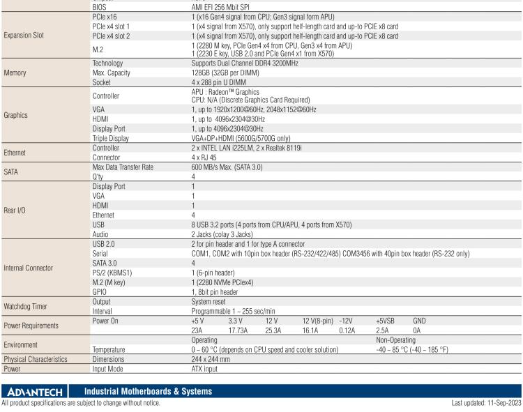 研華AIMB-522 適配AMD Ryzen? AM4 5000系列處理器，搭載X570芯片組。具有豐富接口，雙千兆網(wǎng)口和雙2.5GbE網(wǎng)口設(shè)計(jì)，用于自動(dòng)化和人工智能圖像處理等高端行業(yè)。
