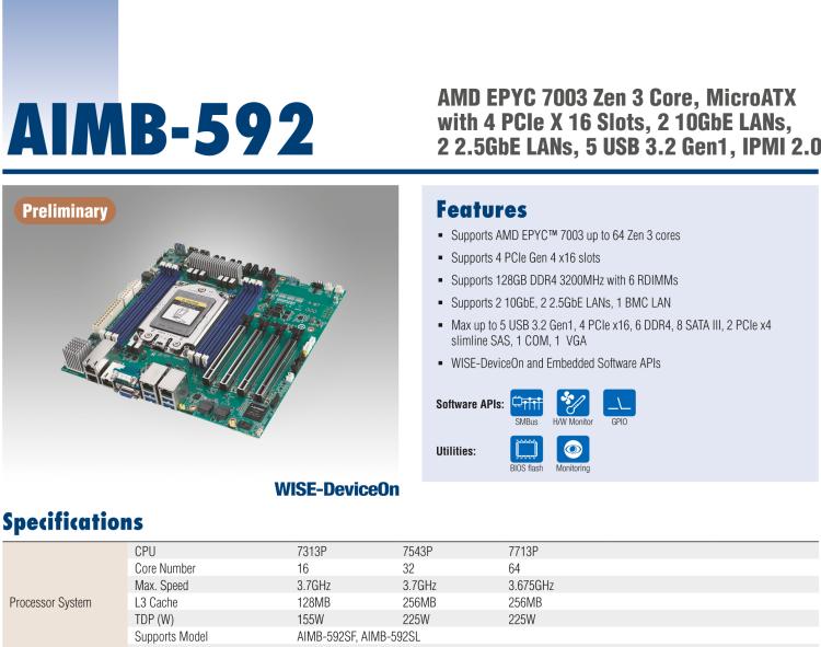 研華AIMB-592 適配AMD EPYC 7003系列處理器。性能達(dá)到服務(wù)器級別，4路PCIe x16滿足各類拓展需求，可做小型工作站、小型視覺圖像處理服務(wù)器使用。