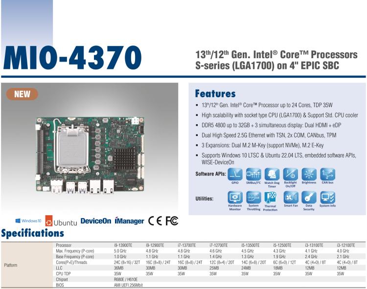 研華MIO-4370 基于第12代Intel Core處理器（Alder Lake-S系列，LGA1700 socket CPU）， 4" EPIC 單板電腦
