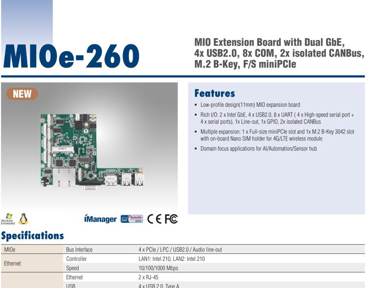 研華MIOe-260 M.2 B-key，高速 miniPCIe，雙Intel LAN，4個USB2.0、8個COM