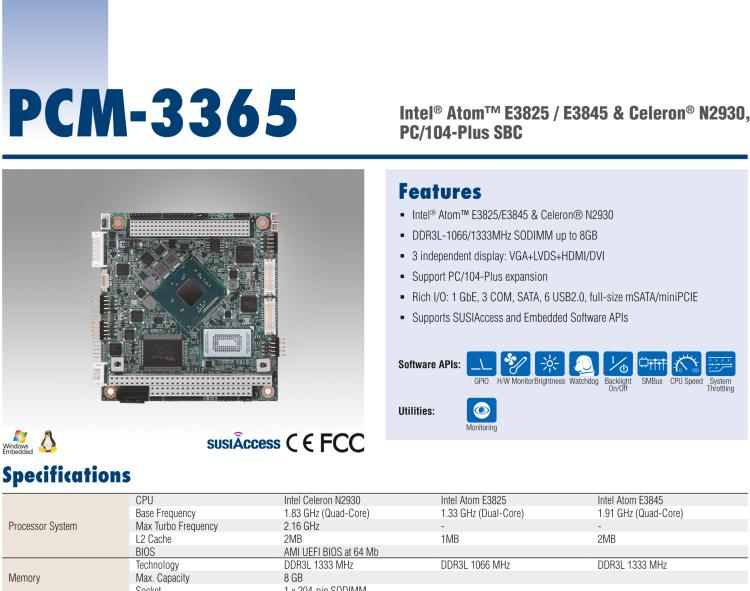 研華PCM-3365 英特爾第四代凌動(dòng)?Atom?E3825 / E3845＆賽揚(yáng)?N2930，PC / 104-Plus嵌入式主板，ISA，VGA，HDMI / DVI，LVDS，6 USB，mSATA或板載SSD