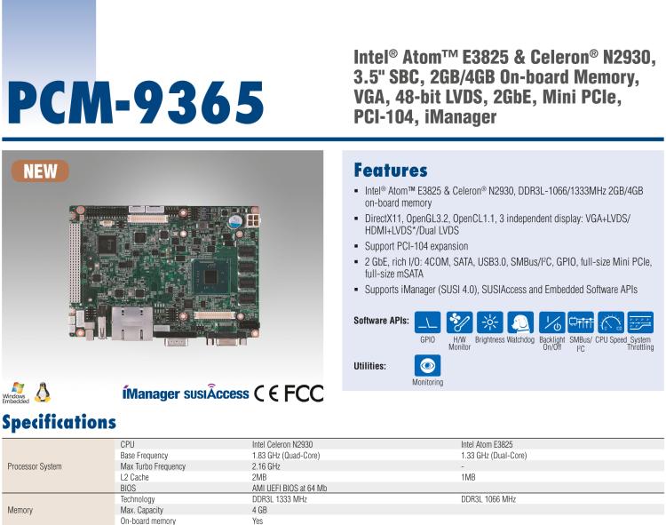 研華PCM-9365 第四代ATOM PCI-104 3.5寸主板, 搭載E3825，N2930 CPU，2GB/4GB內(nèi)存在板，VGA, 18/24-bit LVDS, 2GbE, Mini PCIe, PCI-104, iManager