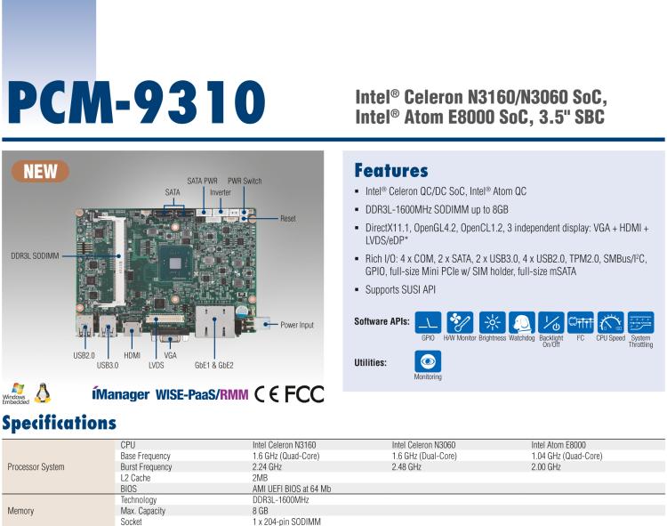 研華PCM-9310 英特爾第五代Atom?賽揚N3160 / N3060 SoC，Intel?Atom E8000 SoC，3.5寸單板電腦，DDR3L，VGA，HDMI，48位LVDS，2GbE，Mini PCIe，mSATA，SUSI API