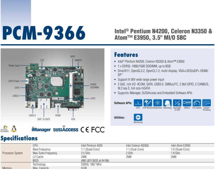 研華PCM-9366 Intel 第六代Atom?奔騰N4200賽揚(yáng)N3350，3.5寸單板電腦