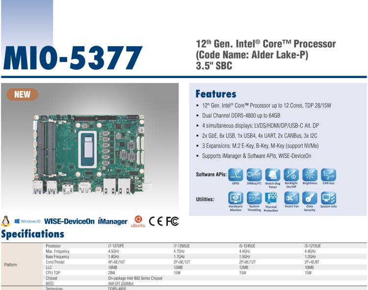 研華MIO-5377 第12代 Intel Core i7/ i5/ i3 P系列，3.5"單板電腦， 高達(dá)12 核心，TDP 28/15W