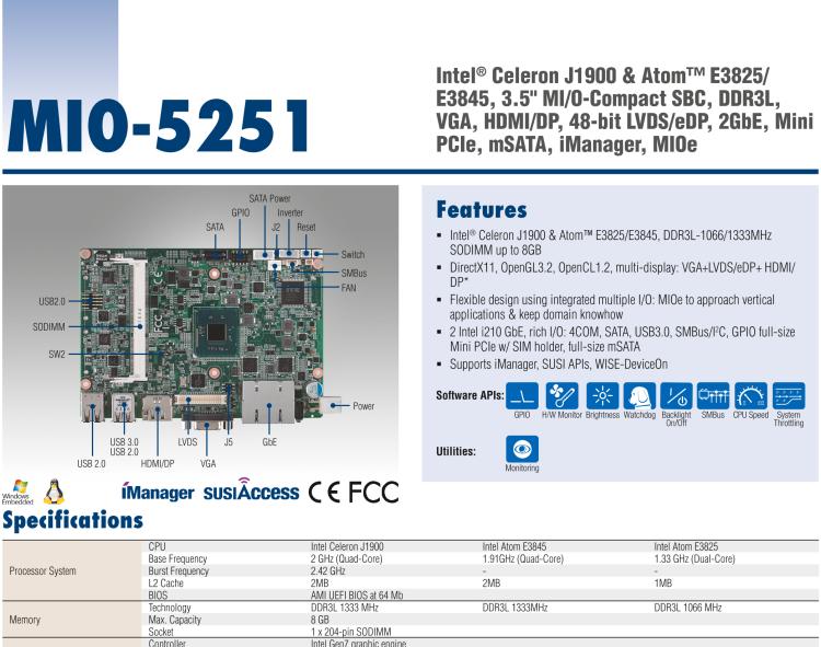 研華MIO-5251 3.5寸MIO單板電腦，采用嵌入式 Intel? Atom? E3825 &Intel? J1900處理器